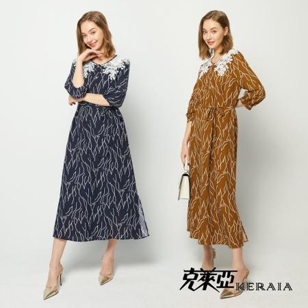 【KERAIA 克萊亞】蜿蜒藤蔓繡花領亞麻洋裝