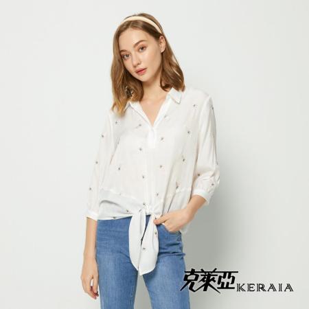 【KERAIA 克萊亞】艷夏島嶼鳳梨刺繡休閒綁結襯衫