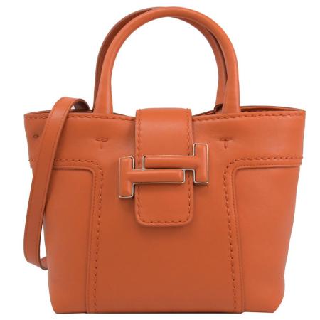 TODS DOUBLE T 簡約小牛皮手提兩用包.橘