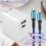 TOPCOM Type-C(PD)+USB雙孔快充充電器+CITY勇固 C to C 100W編織快充線-300cm-藍