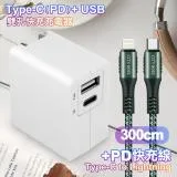 TOPCOM Type-C(PD)+USB雙孔快充充電器+CITY勇固 C to L 編織快充線-300cm-綠