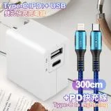 TOPCOM Type-C(PD)+USB雙孔快充充電器+CITY勇固 C to L 編織快充線-300cm-藍