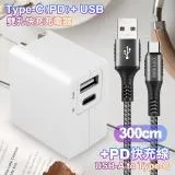 TOPCOM Type-C(PD)+USB雙孔快充充電器+CITY勇固USB-A to Type-C編織快充線3米銀