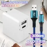 TOPCOM Type-C(PD)+USB雙孔快充充電器+CITY勇固USB-A to Type-C編織快充線3米藍