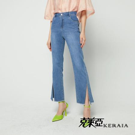 【KERAIA 克萊亞】女人漾小碎鑽不規則剪接牛仔褲