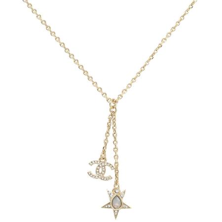 CHANEL ABA369 水鑽星星CC LOGO雙吊墜鎖骨項鍊.淡金