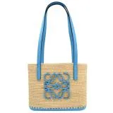 LOEWE BASKET 經典皮飾花紋LOGO草編手提肩背包.藍邊