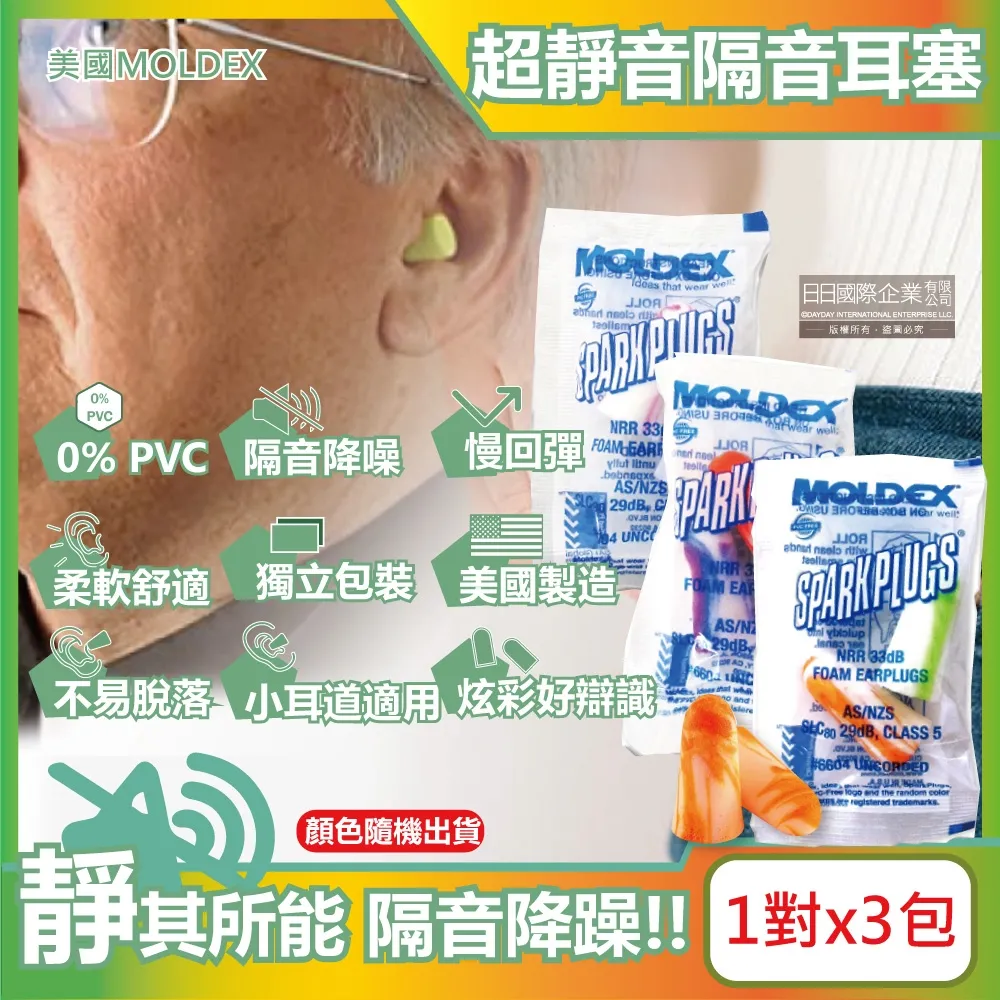 (3包超值組)美國MOLDEX-SparkPlugs超柔軟PU慢回彈隔音靜音耳塞-型號6604不挑色炫彩版1對/包
