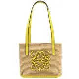 LOEWE BASKET 經典皮飾花紋LOGO草編手提肩背包.黃邊