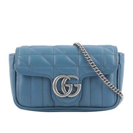【GUCCI】GG Marmont 交叉縫線皮革翻蓋肩背/斜背鏈包(mini款)(藍色)