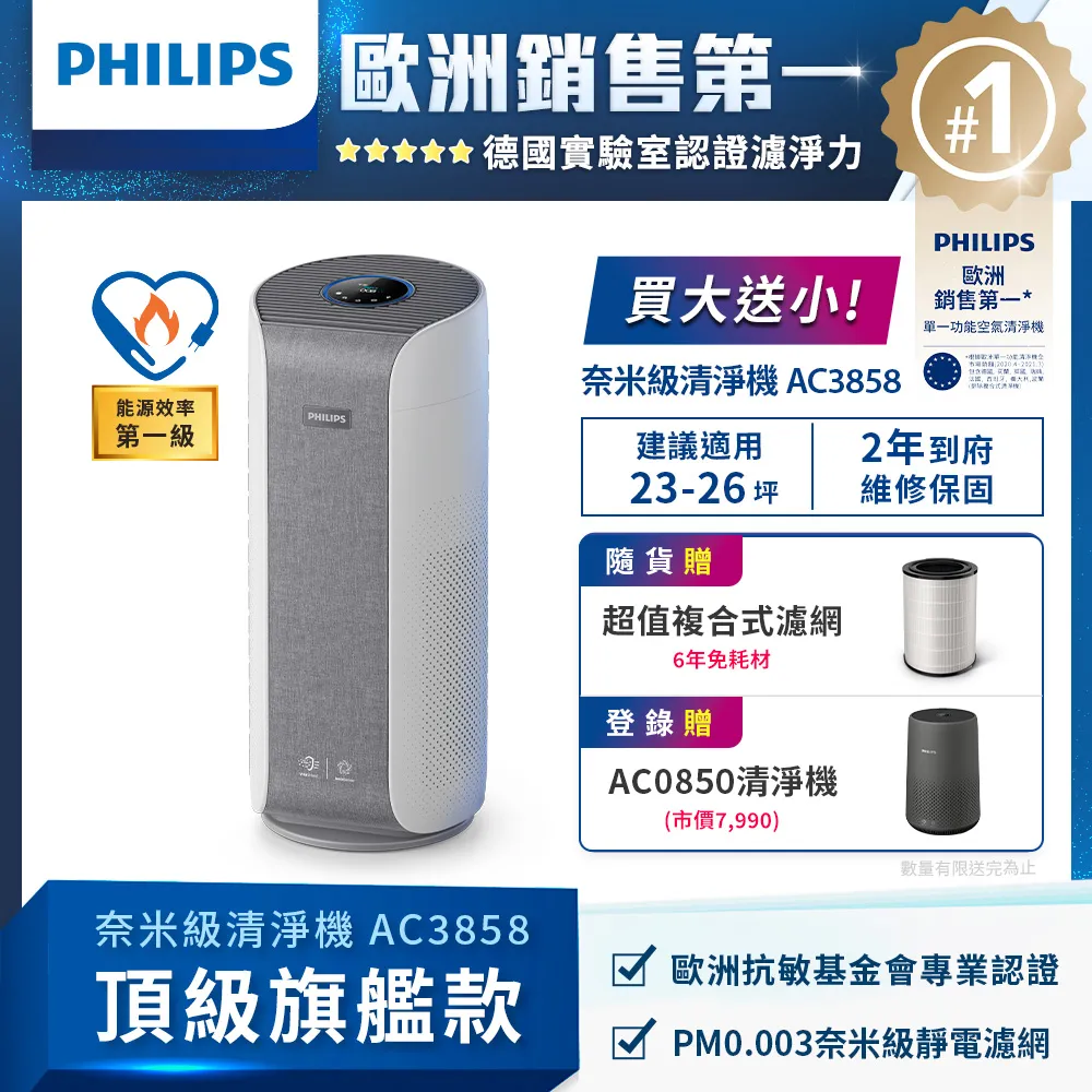 領券再9折 快速到貨★【Philips 飛利浦】奈米級空氣清淨機-360度高效過濾★適用23-26坪 AC3858