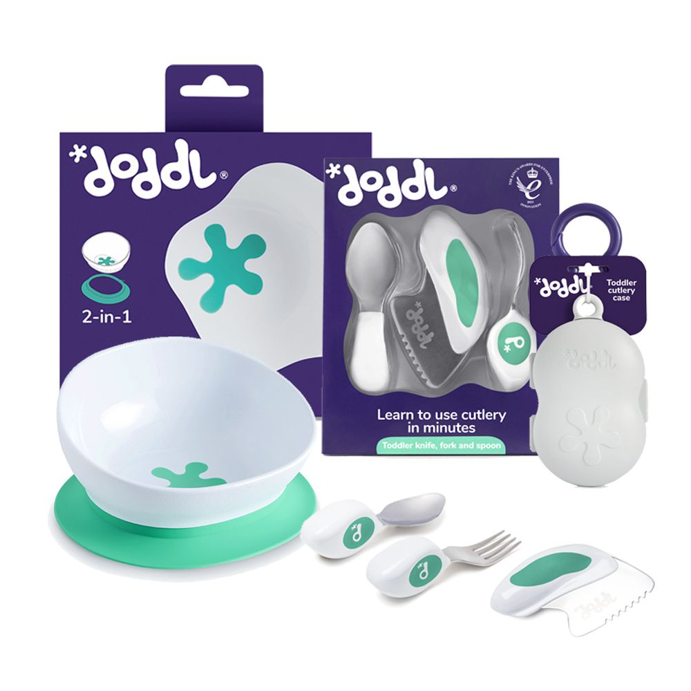 英國doddl - 人體工學兒童學習餐具組含三件組(刀.叉.湯匙)+吸盤餐碗+收納攜帶盒