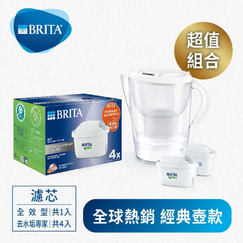 【德國BRITA】Marella馬利拉濾水壺3.5L+MXPRO濾芯-去水垢專家4入(共1壺5芯)