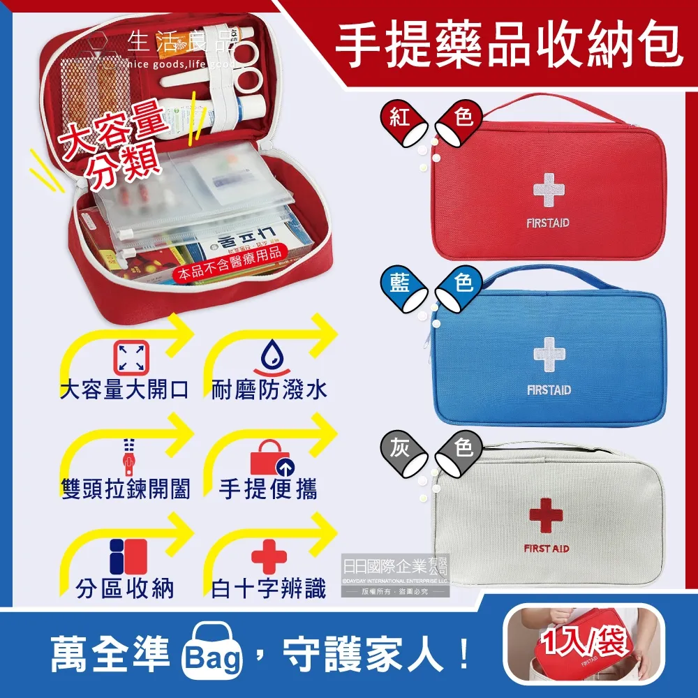 生活良品-家庭護理手提式雙拉鍊醫藥保健品大容量分類收納包1入/袋(本品不含醫療用品,車用旅行戶外急救箱,應急常備藥品包)