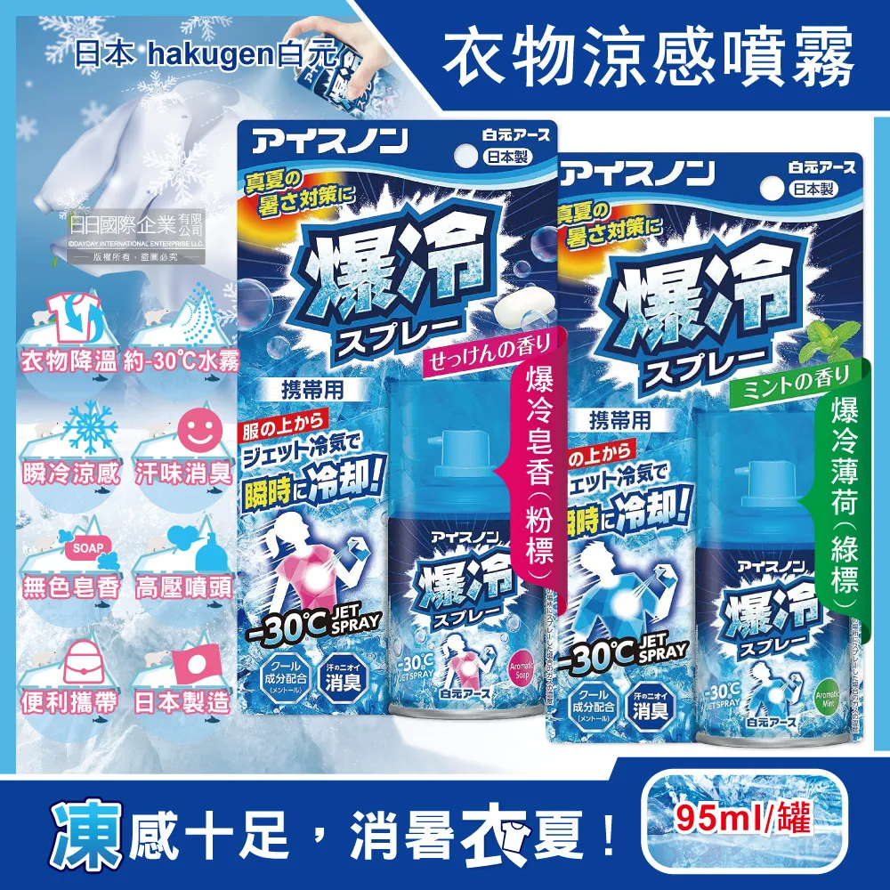 日本hakugen白元-夏日消暑汗味消臭瞬冷約-30℃衣物涼感噴霧95ml/藍罐(攜帶型持久降溫劑,戶外露營運動)