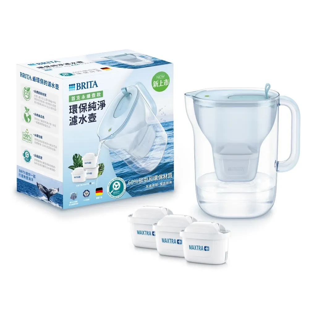 【德國BRITA】Style純淨濾水壺 永續版(冰川藍)3.6L+MXPRO全效型濾芯(共1壺3芯)｜台灣BRITA官方