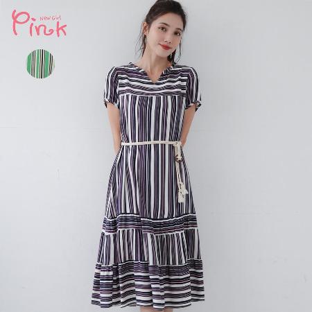 Pink*
清新直紋V領綁繩洋裝