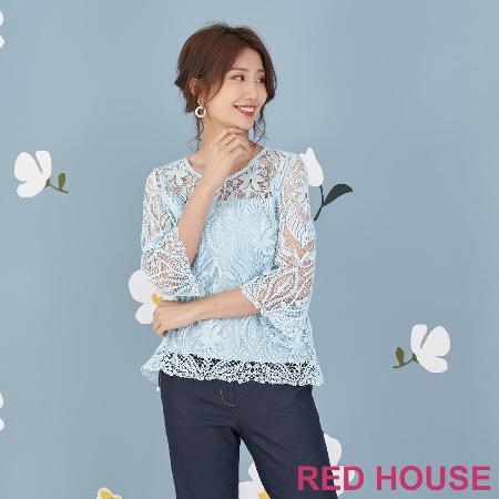 【RED HOUSE 蕾赫斯】鏤空蕾絲波西米亞風上衣(水藍色)