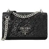 PRADA 1BD009 經典浮雕LOGO防刮牛皮翻蓋尼龍斜背包.黑