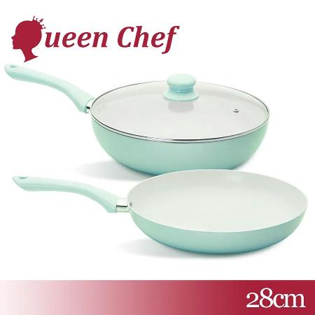 【Queen Chef】健康嚴選米陶瓷不沾雙鍋3件組(炒鍋+平底鍋+蓋)