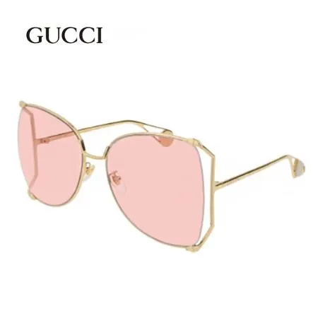 【GUCCI 古馳】復古造型金色框粉色鏡片(GG0252S-004)