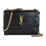 YSL SAINT LAURENT SUNSET 金屬LOGO牛皮翻蓋釦式鏈帶肩背斜背包(黑)