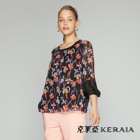 【KERAIA 克萊亞】幕夜彩花印花雪紡上衣