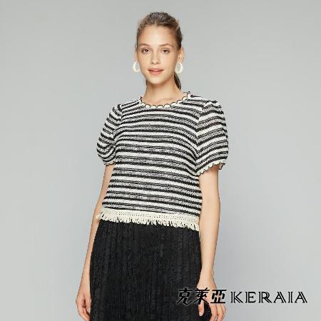 【KERAIA 克萊亞】如夢似幻花邊蕾絲流蘇針織上衣