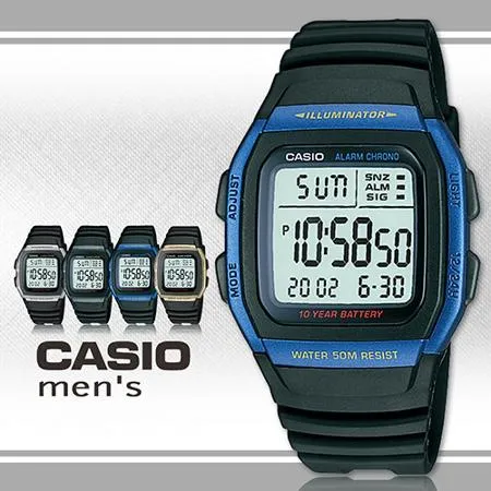 CASIO 卡西歐 簡潔休閒 數字電子錶 藍框 膠質錶帶 防水50米 (W-96H-2A)