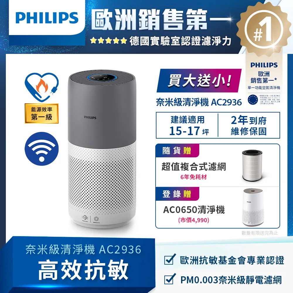 領券再9折 Philips 飛利浦 奈米級空氣清淨機-360度高效過濾★AC2936買大送小★適用17坪