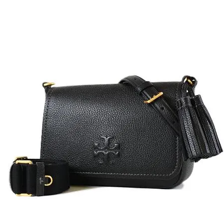 TORY BURCH THEA FLA 荔枝紋流蘇雙背帶翻蓋斜背包-黑色