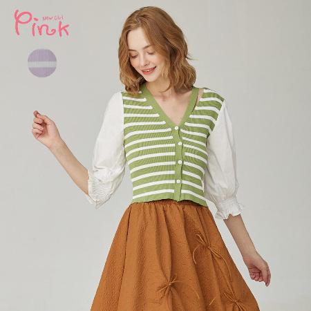 公主袖拼接條紋針織短版上衣