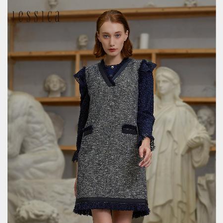 JESSICA
V領拼貼須邊花呢洋裝