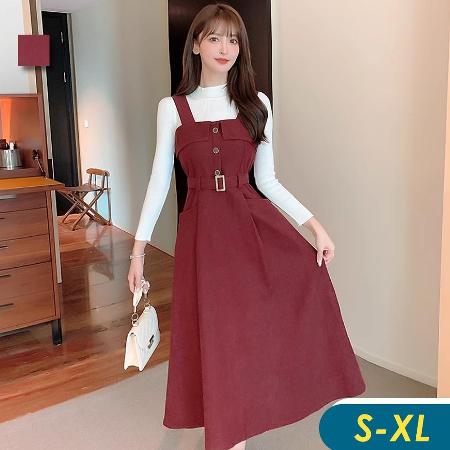 【俏可時尚】
復古風吊帶連身裙+針織衣