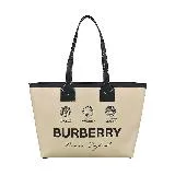 BURBERRY London字母LOGO地球設計織布搭滾邊牛皮式手提肩背子母托特包(中/米)