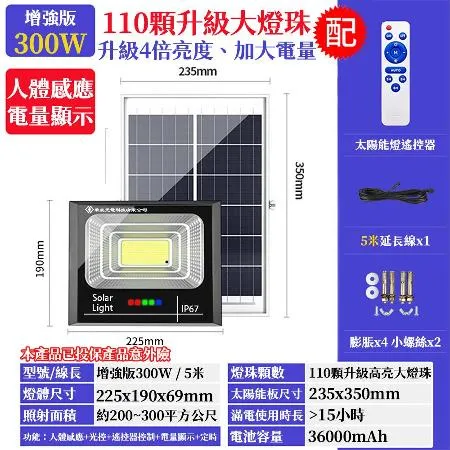 【禾統】300W LED智能太陽能人體感應燈 遙控定時 太陽能分體式壁燈 太陽能燈