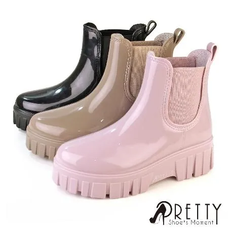【Pretty】女 雨靴 雨鞋 防水靴 防水鞋 切爾西 短筒 厚底