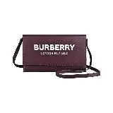 BURBERRY Hazelmere白字LOGO牛皮12卡釦式斜背長夾(酒紅)