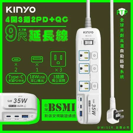 KINYO 35W氮化鎵3U電源分接器4開3插9呎電源線2.7M延長線(GIPD-353439)智慧快充