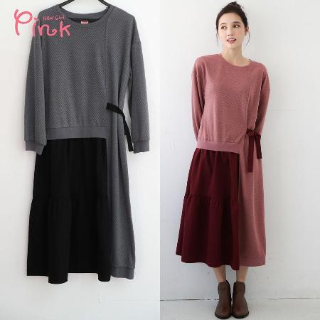 Pink*
不對稱拼接側綁帶洋裝