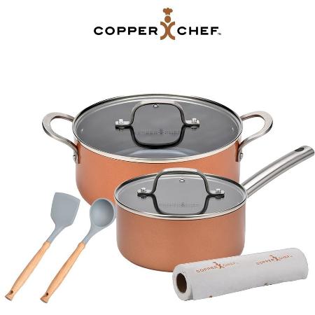 【加贈雙好禮】Copper Chef 7吋(18cm)黑鑽帶柄圓湯鍋(含蓋)+9.5吋(24cm)黑鑽雙耳圓湯鍋(含蓋)