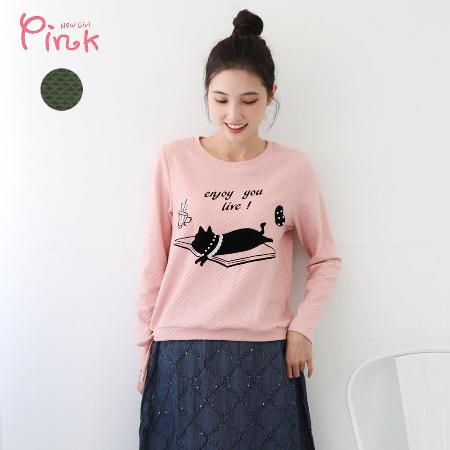 Pink*
愜意貓咪印圖下綁結上衣
