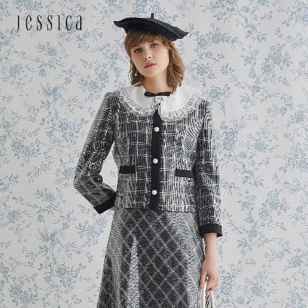 【JESSICA】
珠片刺繡格紋蕾絲短外套