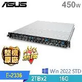 (商用)ASUS RS300-E11 熱抽機架伺服器(E-2336/16G/2TBx2 HDD/450W/2022STD)