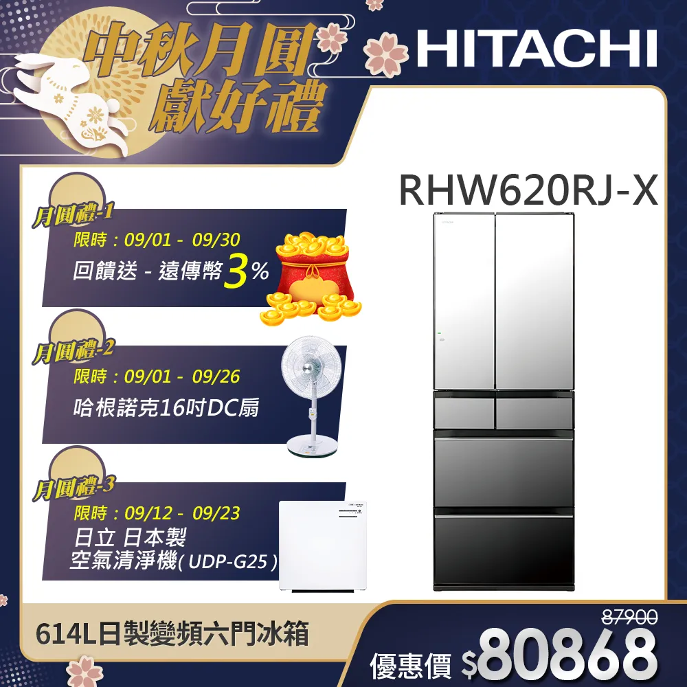 【HITACHI 日立】614L一級能效日製變頻六門冰箱 (RHW620RJ-X)