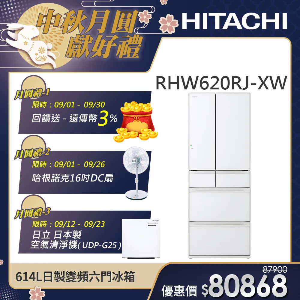 【HITACHI 日立】614L一級能效日製變頻六門冰箱 (RHW620RJ-XW)