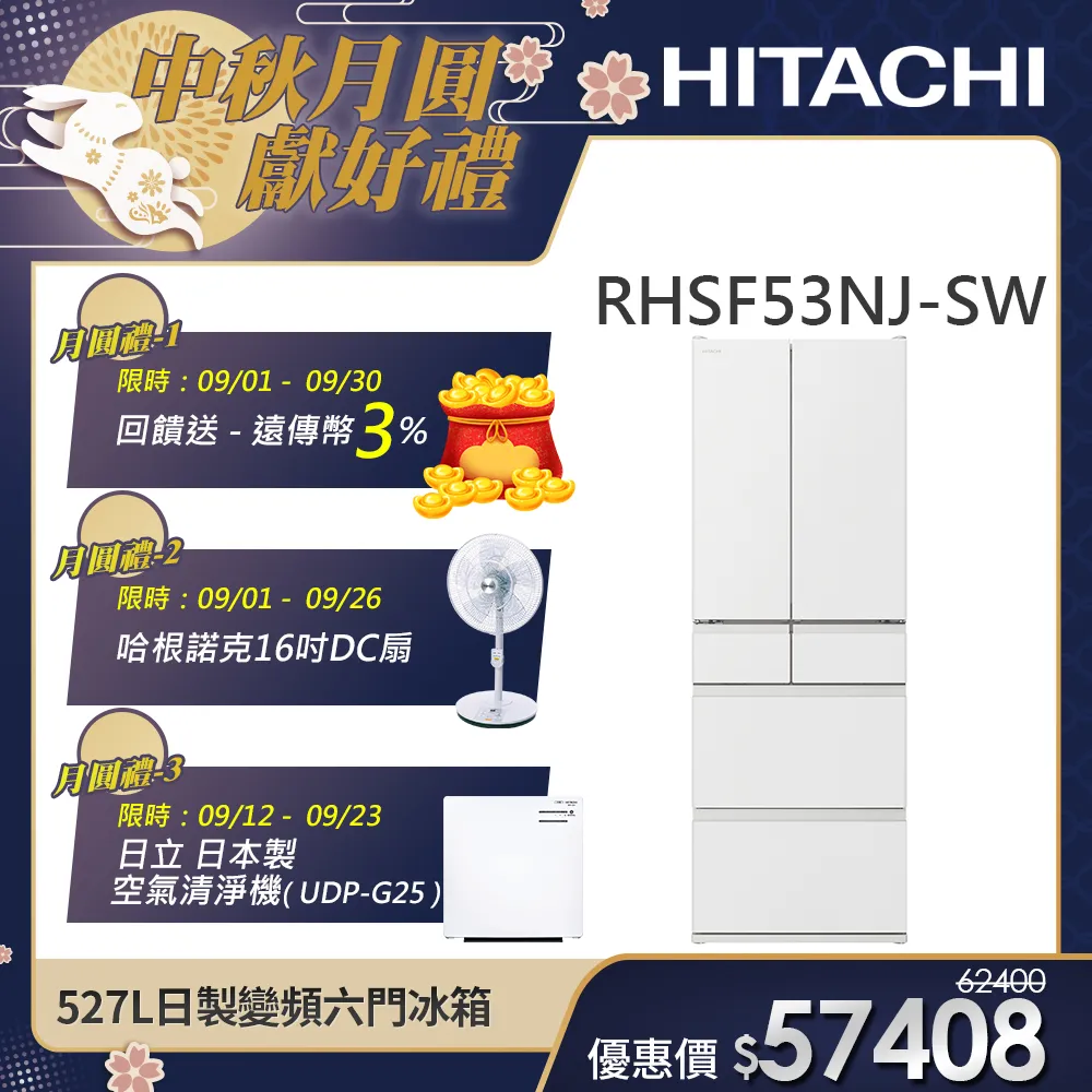 【HITACHI 日立】527L一級能效日製變頻六門冰箱 (RHSF53NJ-SW)