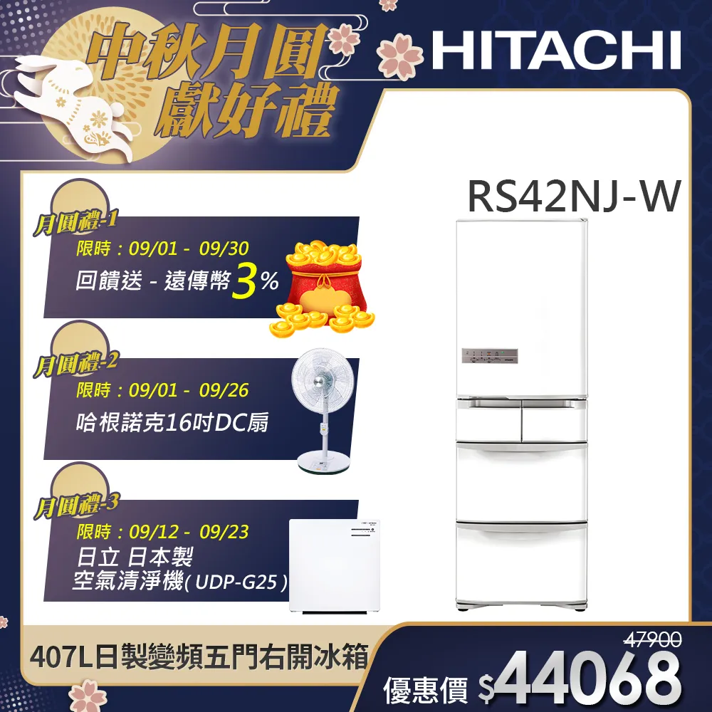 【HITACHI 日立】407L一級能效日製變頻五門右開冰箱 (RS42NJ-W)