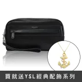 YSL 635166 燙銀LOGO素面小牛皮拉鍊大手拿包.黑(買就送)