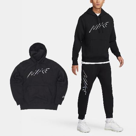 Nike 長袖上衣 Club Brushed-Back 男款 黑 灰 保暖 刷毛 草寫LOGO 刺繡 帽T  FB7489-010